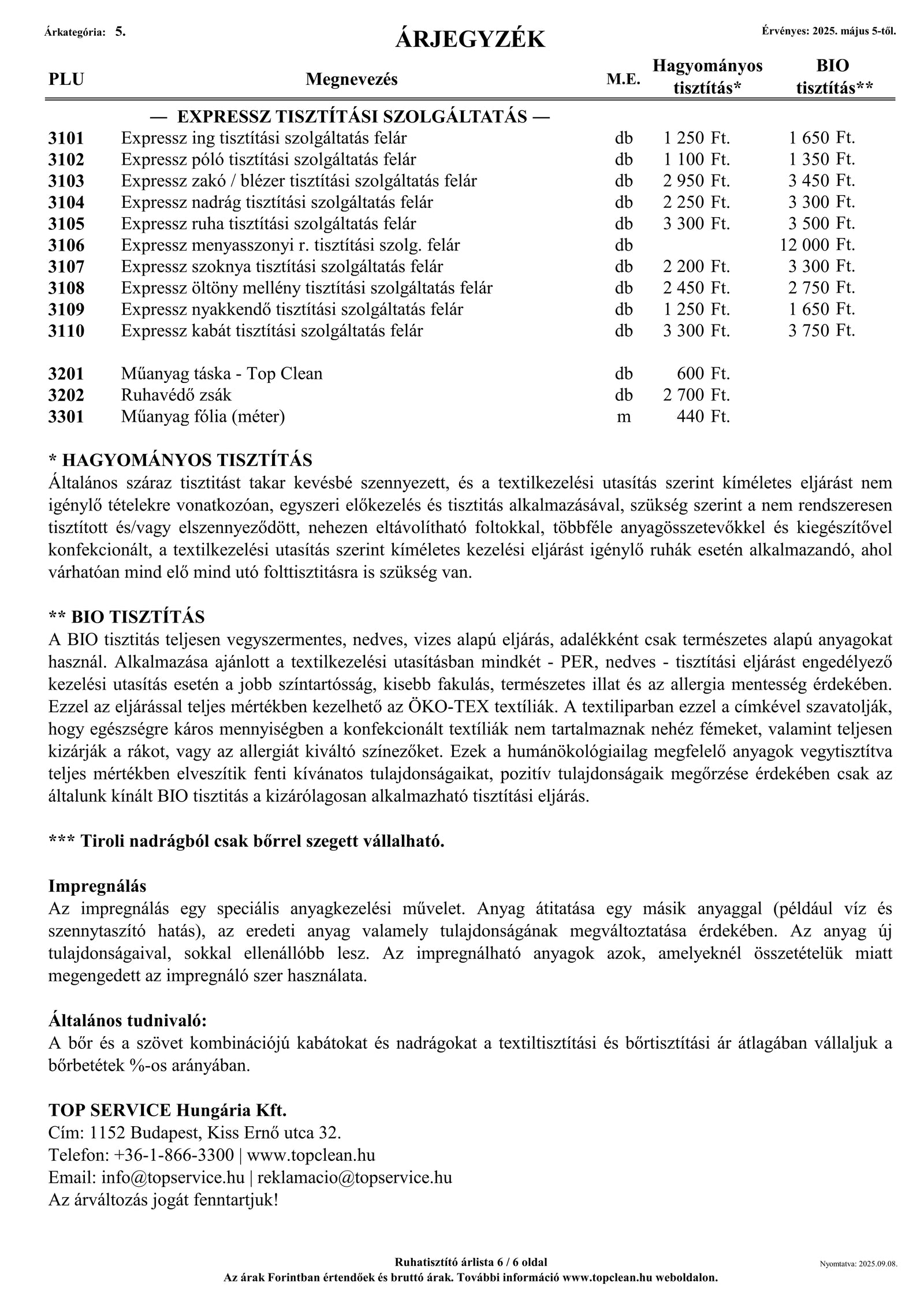 Tételes árlista információ